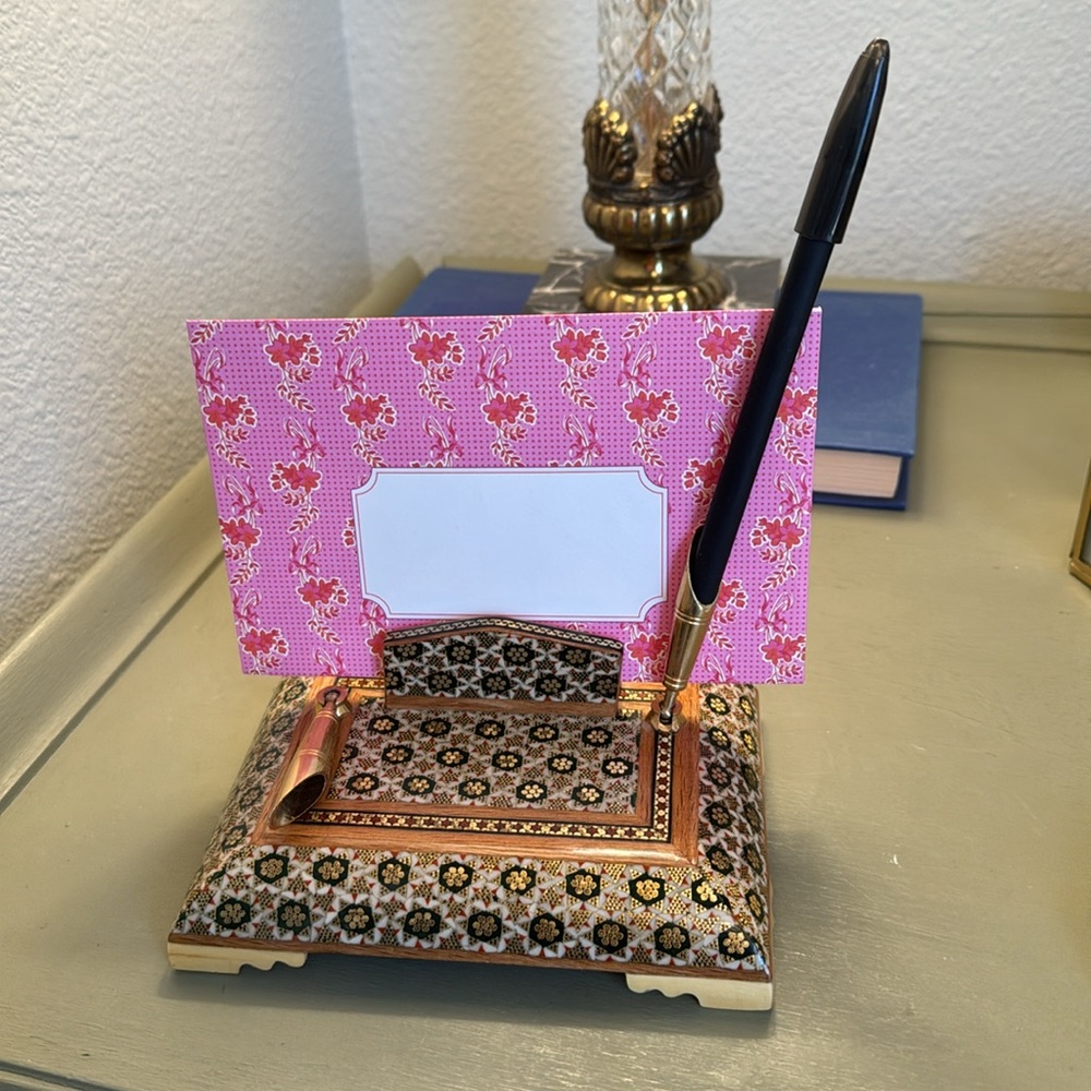Vintage Wood Mosaic Inlay Stationary Holder Desk Organizer